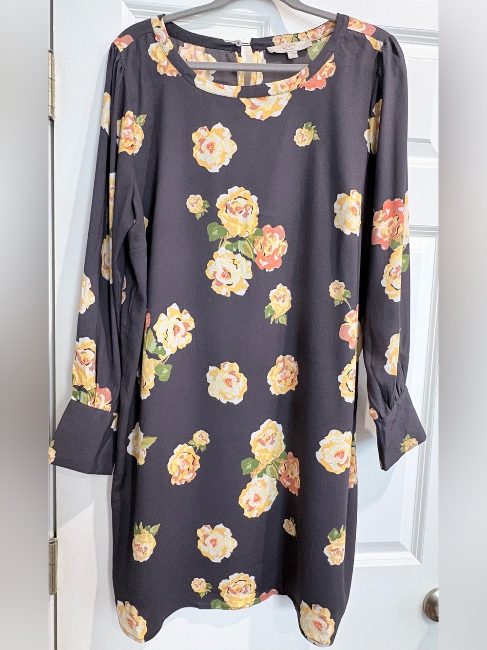 LOFT Plus Dark Gray Yellow Floral Long Sleeve Shift Dress Size 16